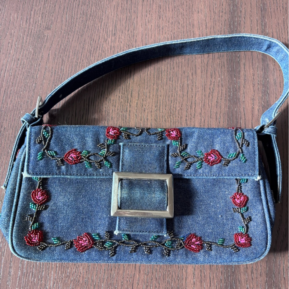 Floral Embroidered Beaded Denim Bag